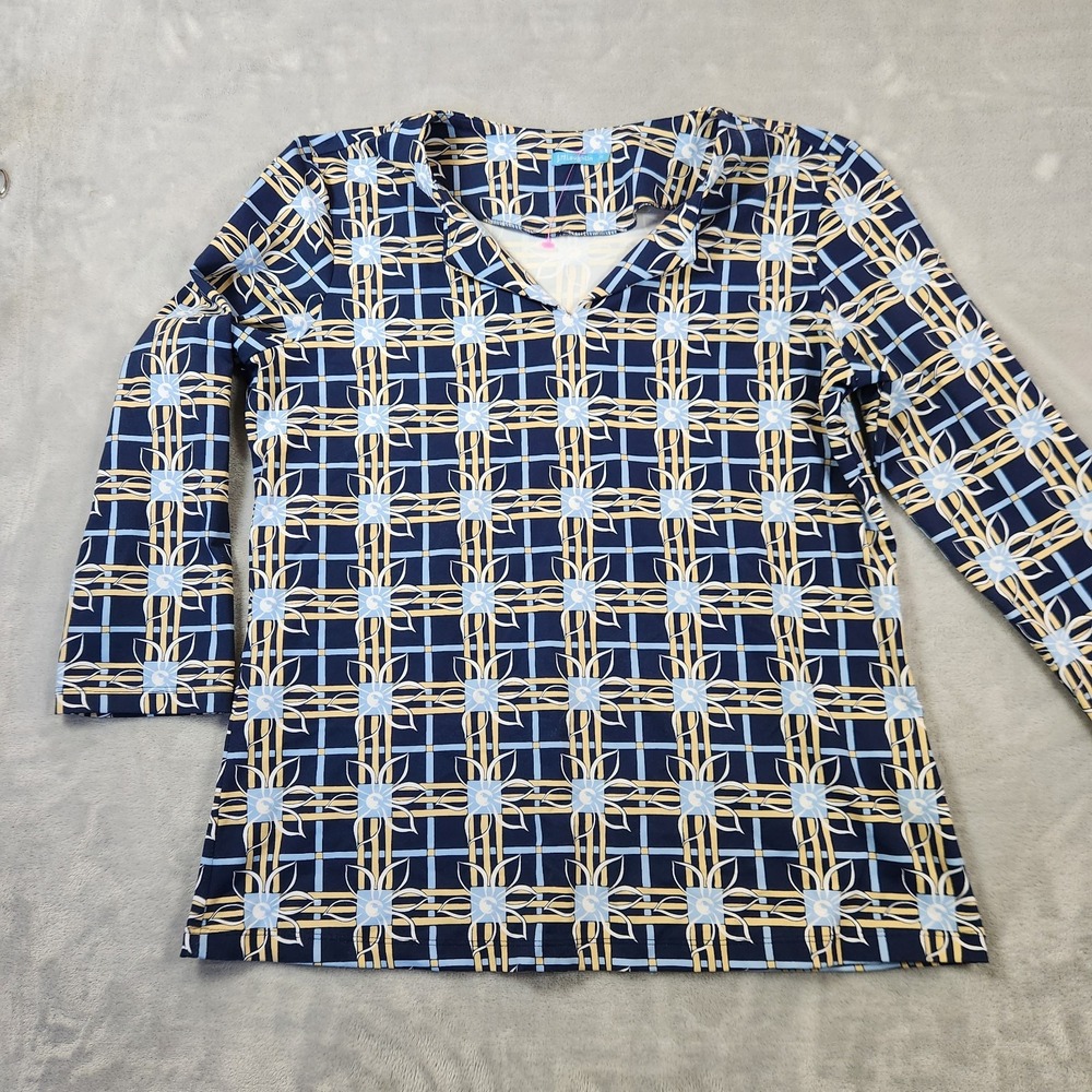 J. McLaughlin Top 3/4 Sleeve V-Neck Plaid Catalina Cloth Womens Size M
